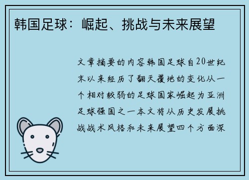 韩国足球：崛起、挑战与未来展望